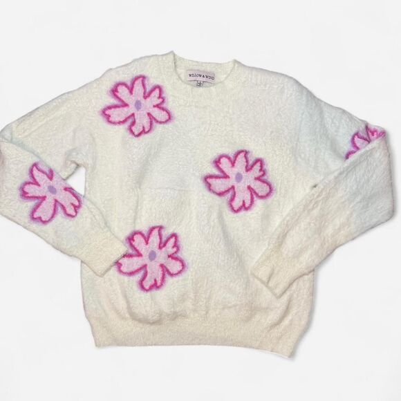 White and Pink Floral Fuzzy Sweater WOMENS SIZE SMALL - Picture 1 of 7